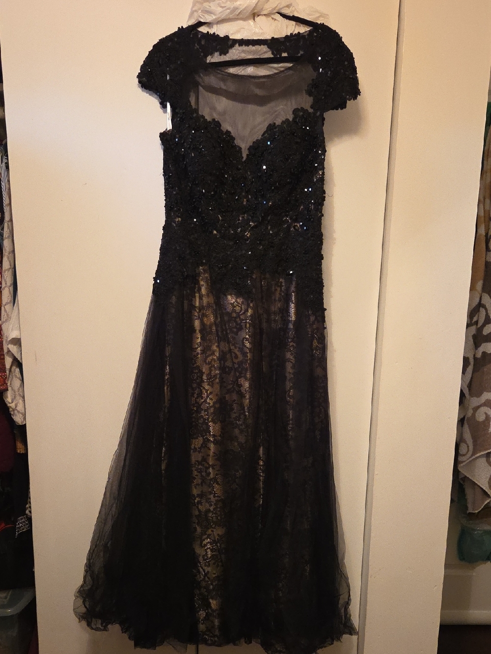 Mambo Couture Champagne Lined Dress with Black Lace Trim